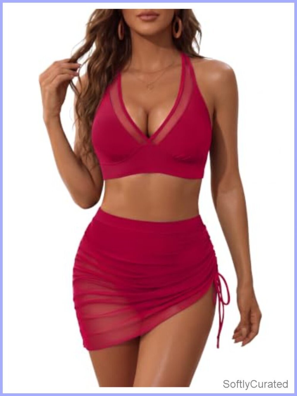High Waisted Bikini Set with Tummy Control Swim Skirt Mesh Sarong Wrap